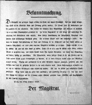 Bekanntmachung. Die Ereignisse des gestrigen Tages [...] (Sammlung Friedlaender)