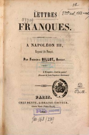 Lettres franques : À Napoléon III, Empereur des Français