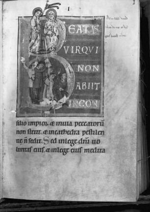 Psalterium, cantica, officium defunctorum — Initiale B mit auferstandenem Christus und Steinigung des Heiligen Stephan, Folio 8r