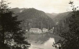 Herrnskretschen (heute Hřensko / Tschechien). Ortsansicht von der Höhe des linken Elbufers aus. Blick in das Kamnitztal