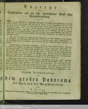 Anzeige zur Subscription auf ein sehr interessantes Werk ohne Vorausbezahlung