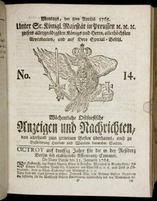 No. 14. Montags, den 8ten Aprilis 1765.