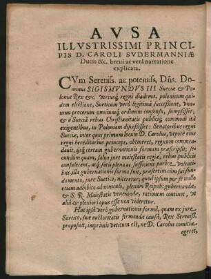 Ausa Illustrissimi Principis D. Caroli Sudermanniae Ducis &c. brevi ac vera narratione explicata.