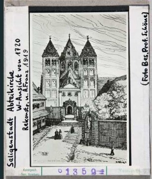 Seligenstadt: Einhardtsbasilika, Westansicht, Rekonstruktion A. Franz 1919