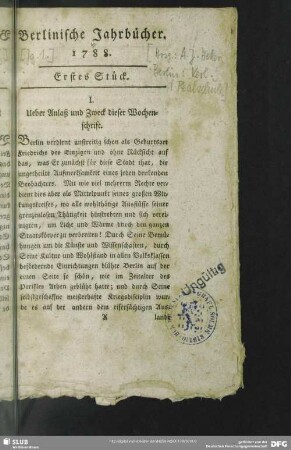 I. Ueber Anlaß und Zweck dieser Wochenschrift