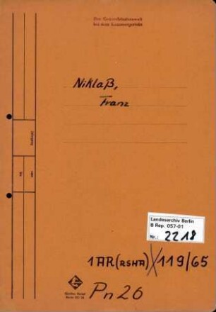 Personenheft Franz Niklaß (*05.07.1906), Regierungssekretär