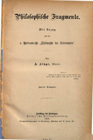 Philosophische Fragmente : mit Bezug auf die v. Hartmann'sche "Philosophie des Unbewussten"
