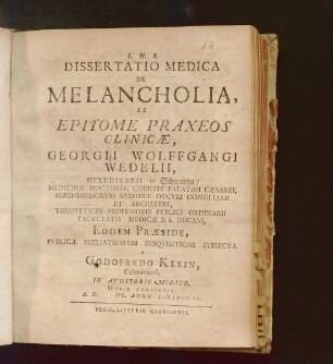 Dissertatio Medica De Melancholia