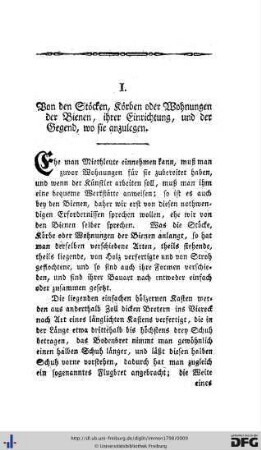 I. Von den Stöcken, Körben oder Wohnungen der Bienen.