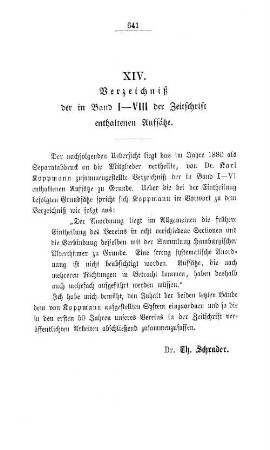 Verzeichnis der in Band I - VIII der Zeitschrift enthaltenen Aufsätze.