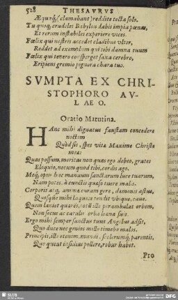 Sumpta Ex Christophoro Auleao. Oratio Matutina