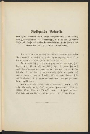 Goldgelbe Reinette. (Goldgelbe Sommer-Reinette, Weiße Wachs-Reinette, in Württemberg auch Zitronen-Reinette und Zitronenapfel, in Baden noch Sulzbacher Kohlapfel, Große und Kleine Sommer-Reinette, Gelbe Reinette und Goldreinette, in Nassau Wein- und Weißapfel.)