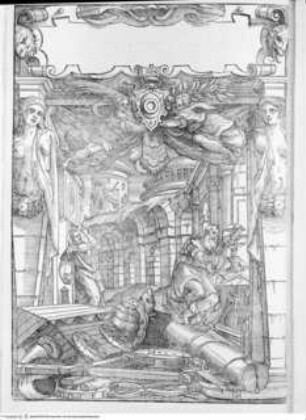 I dieci libri dell'architettura di M Vitruvio tradutti et commentati da Monsignor Barbaro eletto patriarca d'Aquileggia., Widmungsblatt, Rückseite: Allegorie der Architektur