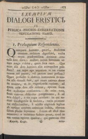Exemplum Dialogi Eristici, In Publica Prioris Dissertationis Ventilatione Habiti