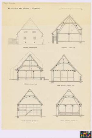 Belgershain (Kreis Grimma): Schäferei. - Schafstall (Querschnitt A-B). - Speicher (Straßen-Giebel-Ansicht, Querschnitt A-B). - Obere Scheune (Querschnitt A-B). - Untere Scheune (Querschnitt A-B, Querschnitt C-D)