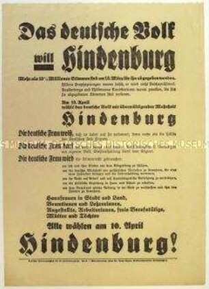 Aufruf des Deutschen Frauenausschusses für die Hindenburgwahl zur Wahl von Paul von Hindenburg zum Reichspräsidenten 1932