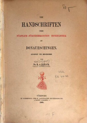 Die Handschriften der Fürstlich-Fürstenbergischen Hofbibliothek zu Donaueschingen