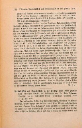 124-125 [Rezension] Tillmann, Fritz, Persönlichkeit und Gemeinschaft in der Predigt Jesu