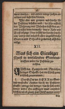 XII. Was sich ein Gleubiger Christ in vorfallenden Sterbensleufften wider die Pestilentz zutrösten.