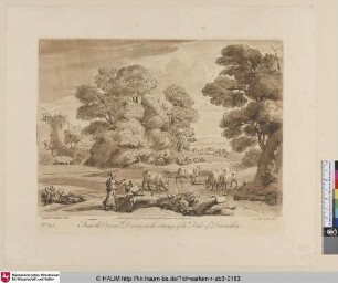 [Landschaft mit Herde und einem Hirtenpaar im Vordergrund.]