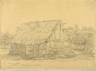 Eine Torfhütte mit Holzwänden und Strohdach bei Neustadt in Sachsen (Sächsische Schweiz)