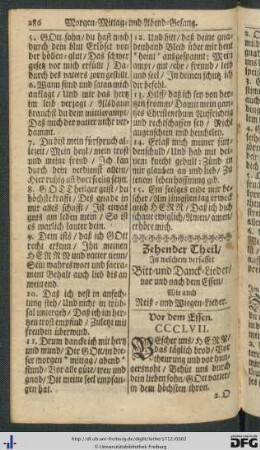 Zehender Theil, in welchem verfasset Bitt- und Danck-Lieder, vor und nach dem Essen, wie auch Reiß- und Wiegen-Lieder.