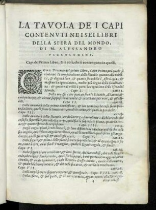 La Tavola De I Capi Contenutine I Sei Libri Della Sfera Del Mondo