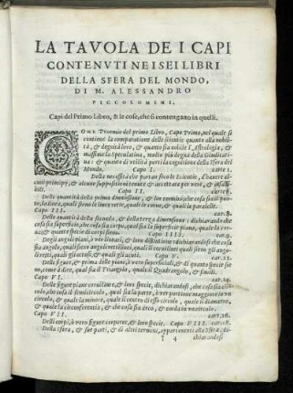 La Tavola De I Capi Contenutine I Sei Libri Della Sfera Del Mondo