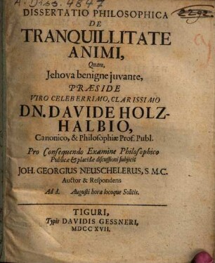 Dissertatio Philosophica De Tranquillitate Animi