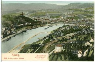 Aussig. Blick vom Schreckenstein über die Elbe auf Ferdinandshöhe und Altstadt