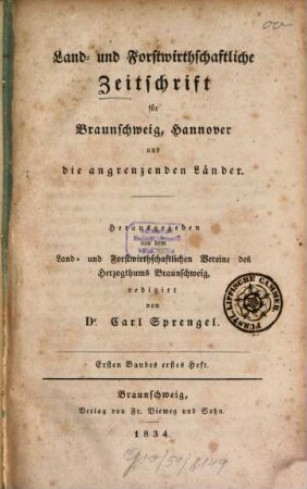 Land- und forstwirthschaftliche Zeitschrift für Nord-Deutschland. 1, 1. 1834