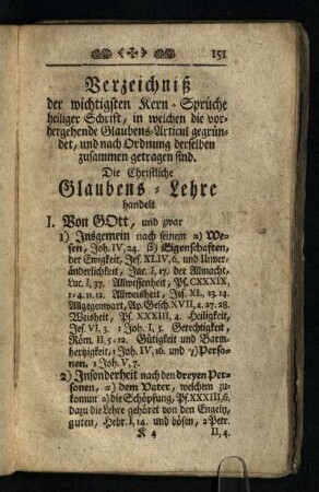 Verzeichniß der wichtigsten Kern-Sprüche heiliger Schrift, in welchen die vorhergehende Glaubens-Articul gegründet, und nach Ordnung derselben zusammen getragen sind.