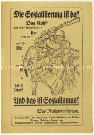 Flugblatt der KPD gegen die Sozialisierungspolitik der Reichsregierung und Aufruf zum Beitritt