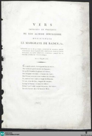 Vers imprimés en presence de son Altesse Serenissime Monseigneur le Margrave de Baden etc.