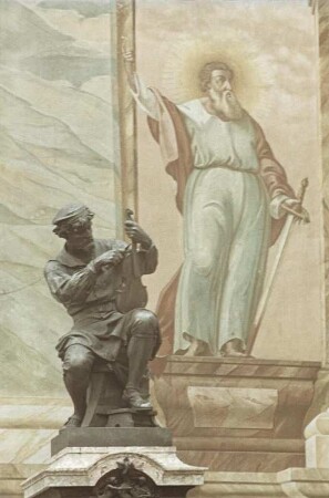 Mittenwald. Matthias-Klotz-Denkmal vor der Kirche St. Peter und Paul