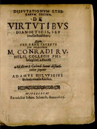 Disputationum Ethicarum Decima, De Virtutibus Dianoeticis, Seu intellectualibus