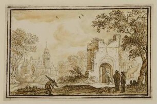 Männer vor Tor, links hinten Schloss mit Turm