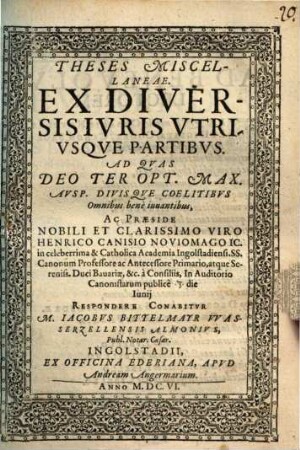 Theses Miscellaneae. Ex Diversis Ivris Vtrivsqve Partibvs