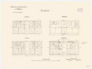 Gefängnis, Wohlau: Torgebäude: Grundriss Keller, Erdgeschoss, Obergeschoss, Dachgeschoss 1:100