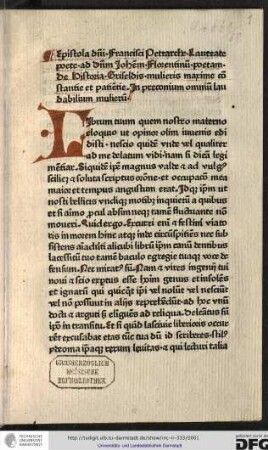 [Historia Griseldis] Epistola domini Francisci Petrarche, laureate (!) poete, ad dominum Johannem Florentinum, poetam de historia Griseldis