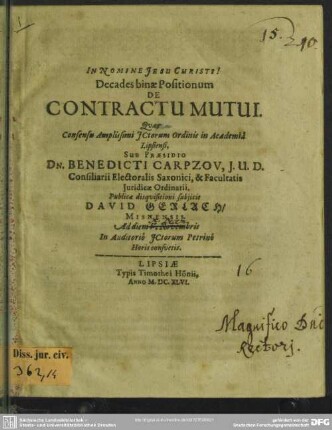 Decades binae positionum de contractu mutui