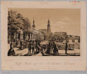 Die Brühlsche Terrasse in Dresden, Blick vom westlichen Ende der Jungfernbastei nach Westen auf das Café Reale, die Brühlsche Galerie, den Turm der Katholischen Hofkirche und den ersten Bau der Semperoper