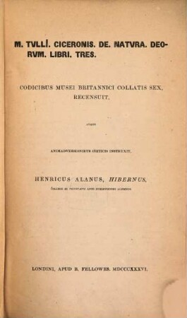 De natura deorum : libri tres ; codicibus Musei Britannici collatis sex