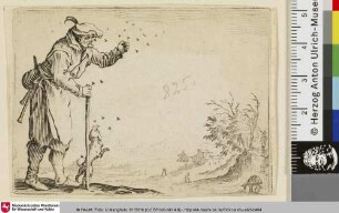 [Mann mit Hund umgeben von Bienen]