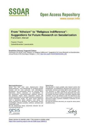 From "Atheism" to "Religious Indifference": Suggestions for Future Research on Secularization