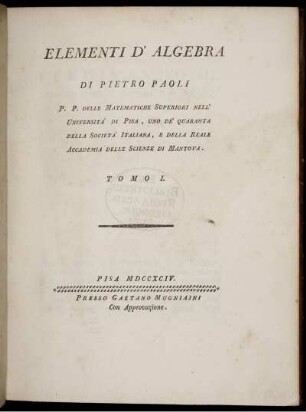 Tomo 1: Elementi d'Algebra. Tomo 1