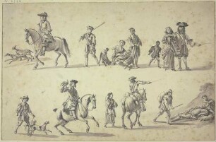Studienblatt: Figuren zu Pferde und zu Fuße, unten links ein berittener Falkner