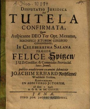 Disputatio Iuridica De Tutela Confirmata