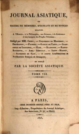 Journal asiatique : périodique semestriel. 7. 1825