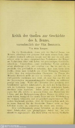 Kritik der Quellen zur Geschichte des h. Benno, vornehmlich der Vita Bennonis